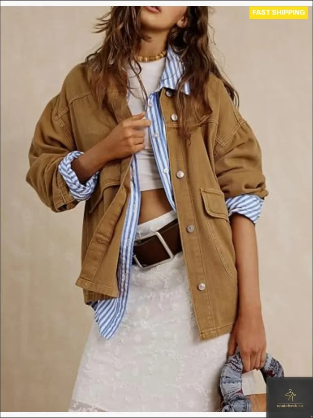 Oversized Denim Jacket with Contrast Trim Long Sleeve Button Down Jean Coat